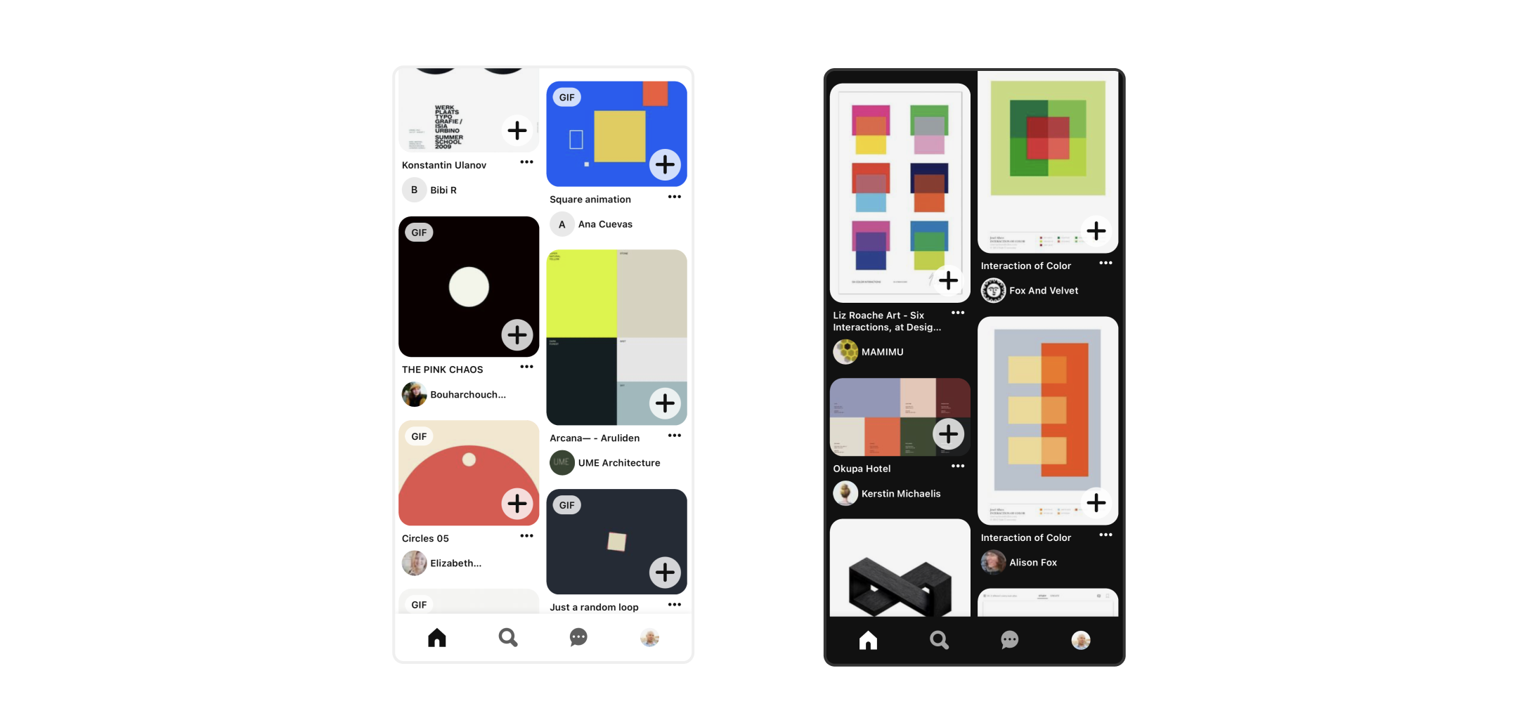 Side-by-side examples of light mode and dark mode in the Pinterest app.